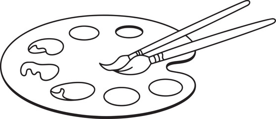 Artist palette with paint and brushes, black and white line drawing vector