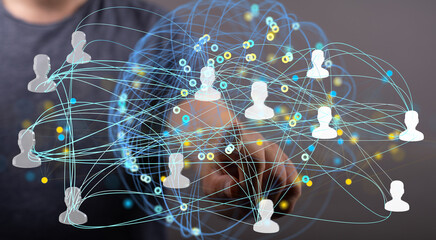 Image depicting a complex network of connections between individuals, representing social media,...