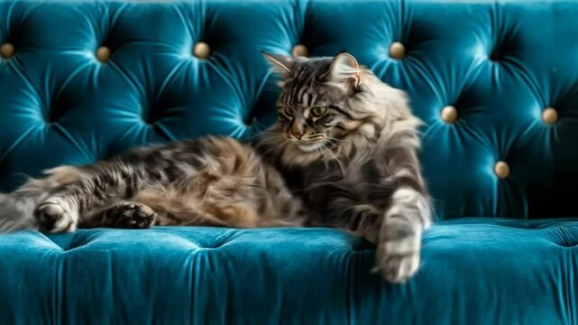 Tabby cat lounging regally on tufted blue velvet sofa at home