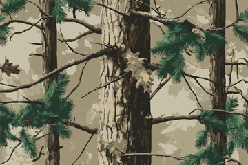 Pine Tree Forest Camouflage with Real Tree Branches and Leaves for Hunting and Military Use. Hunting Camouflage pattern. Seamless design. Jungle texture background. Vector