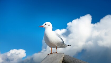 Obraz premium white seagull against the background of blue sky and white clouds