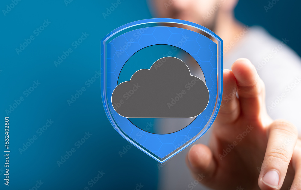Poster Image of a hand interacting with a digital shield protecting a cloud, symbolizing secure cloud data.