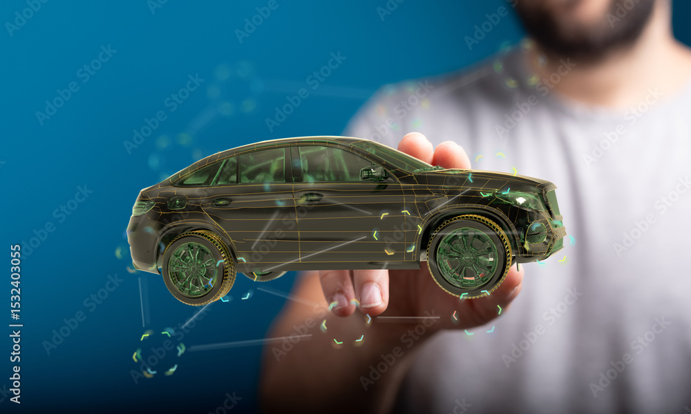 Poster futuristic car design concept. digital model in hand. innovation and technology.