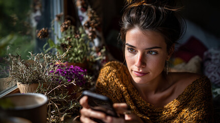 Pensive woman bathed in sunlight amidst cozy plants