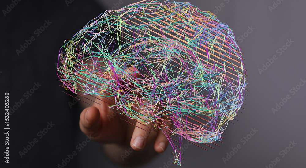 Poster Stock photo of a hand interacting with a colorful, abstract brain visualization representing neural networks, AI, and technology.