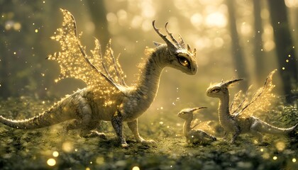 Three fantasy dragons in a forest setting.