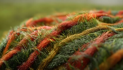 Close-up view of intricately woven fibers in shades of green, orange, and brown.