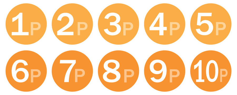 Orange UK Pence Coin Icons. 1p to 10p Vector Set in Circular Format.