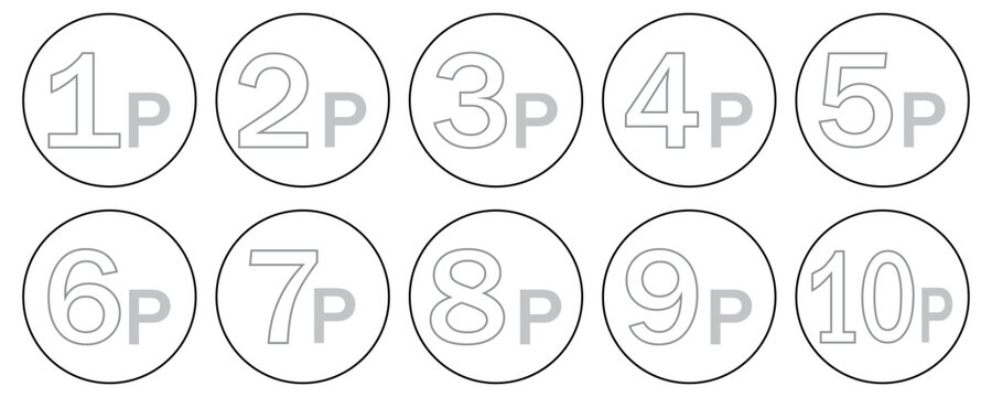 Outlined UK Pence Coin Icons. Minimalist 1p to 10p Circular Vector illustration Set.