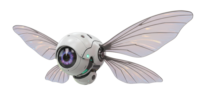 Futuristic White Micro-Robot Drone with Transparent Wings and Camera Eye Isolated