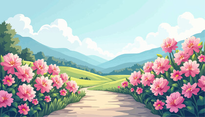 Pink Flowers Field Cartoon Landscape