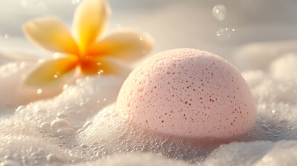 Pink bath bomb with flower and bubbles in a spa like foamy and soft atmosphere