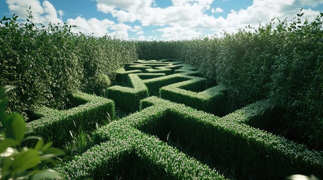 Intricate Green Hedge Maze Under a Bright Sky, A Botanical Labyrinth of Adventure and Mystery