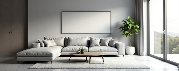 Modern minimalist living room with grey sofa and large window, room, interior, simple