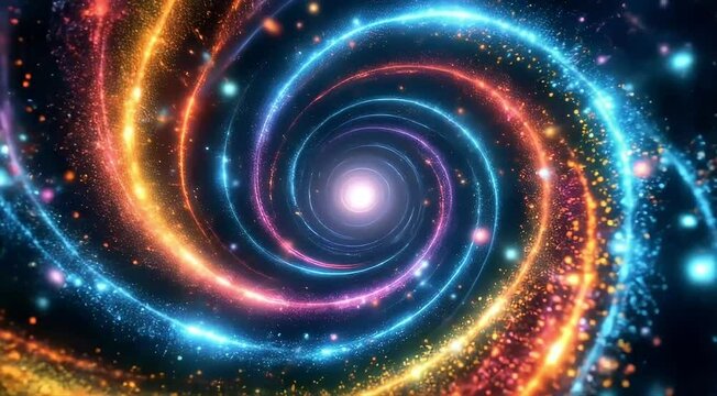 A circular vortex of glowing particles, rotating and shifting colors as it expands outward from a central point