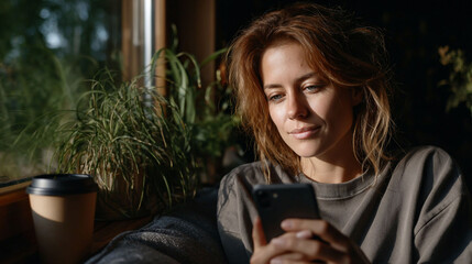 Woman with phone by window bathed in sunlight