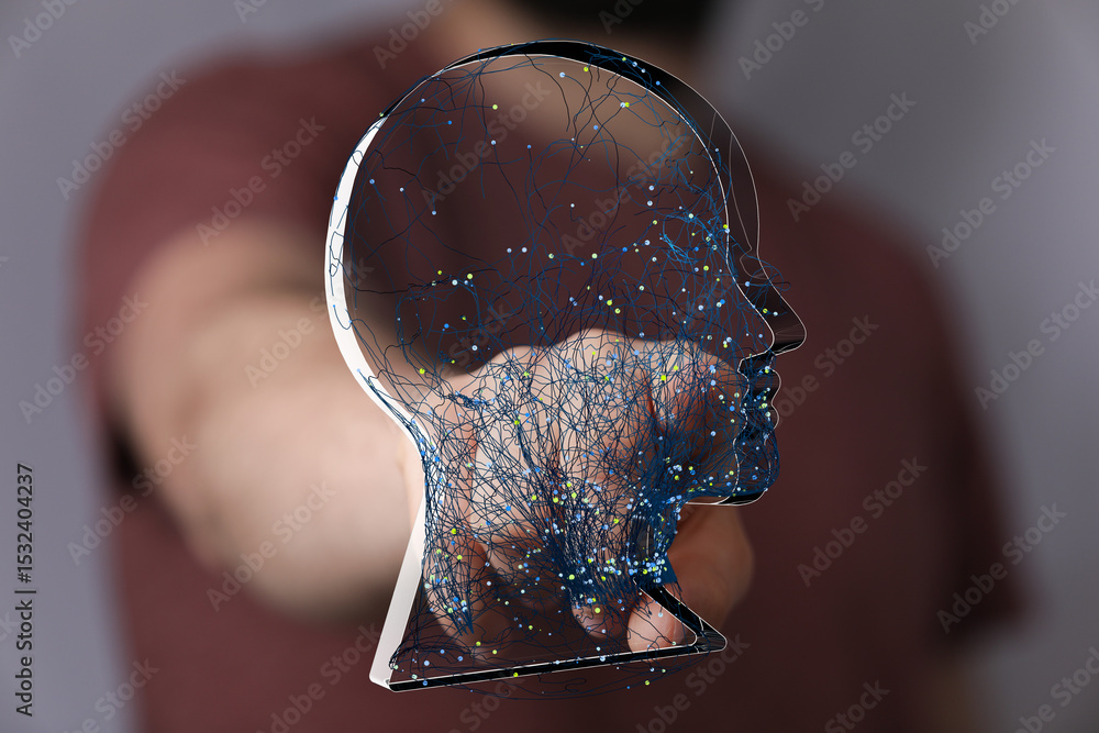 Poster Abstract image of a person's hand interacting with a digital brain network.  Perfect for AI, technology, and neuroscience concepts.