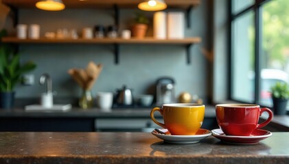 Stylish coffee shop ambiance, coffee cups on concrete backdrop , decor, background, beverage
