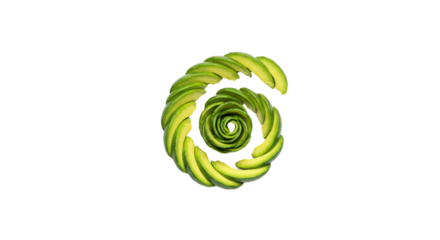 Green avocado slices arranged in spiral pattern on white background