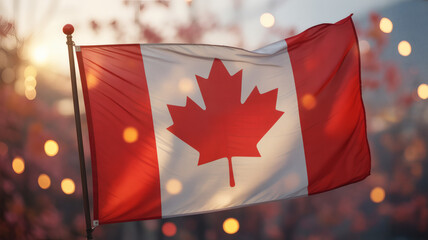 A vibrant and symbolic Canadian flag unfurls gently against a softly blurred background adorned with warm, glowing lights, evoking a sense of national pride and celebration