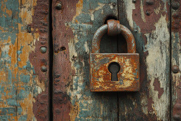 Rusty padlock on weathered wood door old texture grunge background