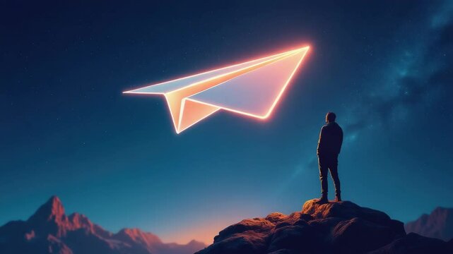 Business target and goal concept, Surreal landscape with a man and a glowing paper airplane silhouette.