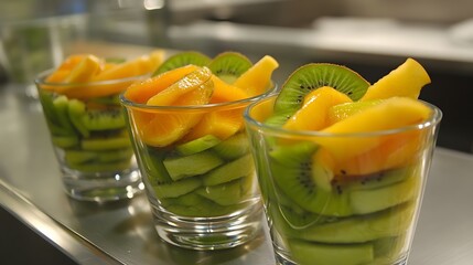 Delicious Fresh Fruit Salad in Glasses, Kiwi and Orange Slices