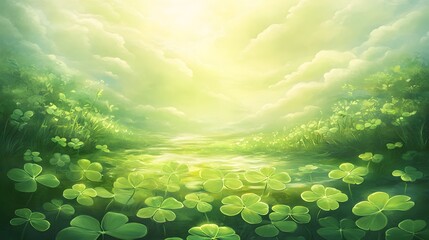 Enchanted Green Meadow Landscape with Four Leaf Clovers