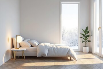 Fototapeta premium Bright small apartment style, minimalist bedroom with large window revealing snowy landscape. Concept of bright small apartment style, bright interior, calm and airy atmosphere.