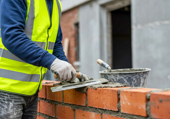 Construction worker lays bricks on a building site while wearing a safety vest and gloves during daytime activities