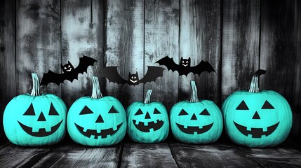Teal Halloween Pumpkins Bats Wooden Background Spooky Jack O Lanterns Autumn
