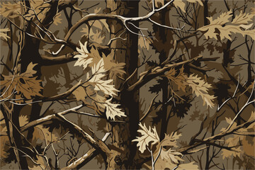 Vector hunting camouflage seamless pattern design. Camouflage background. Deer hunting, forest, jungle texture. Realistic tree seamless pattern. Digital camouflage