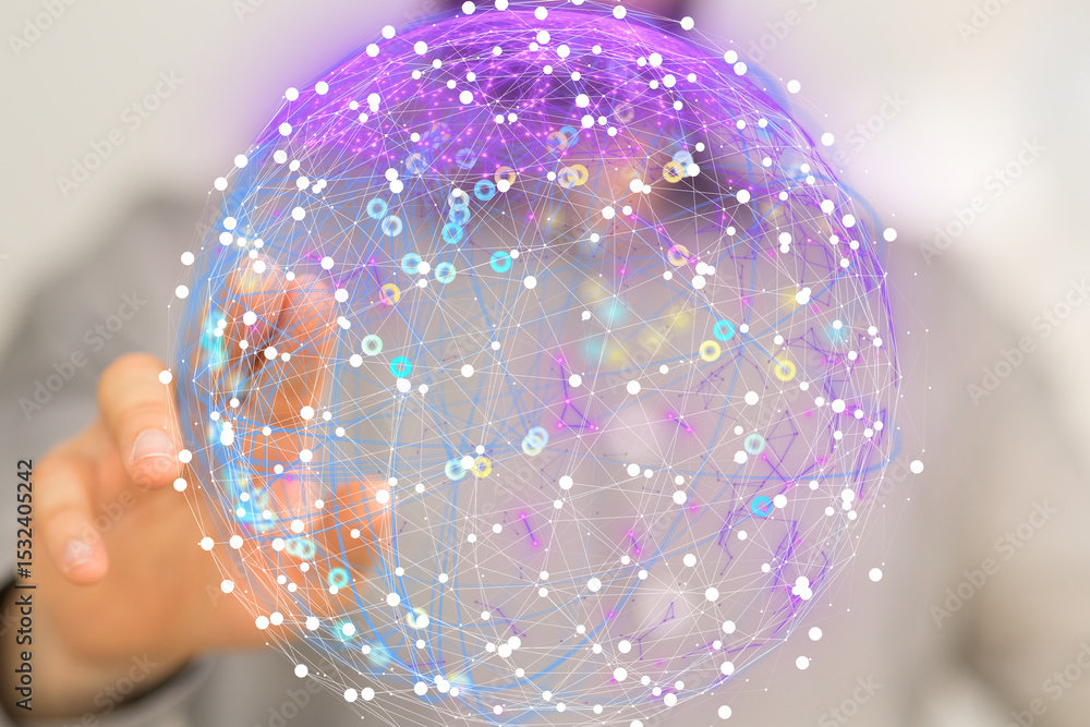 Poster Abstract image of a person interacting with a digital globe, representing global networking and connectivity.