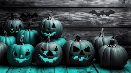 Teal Halloween Pumpkins Glowing Jack-o'-lanterns on Wooden Background