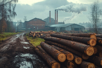 Timber mill smokestacks logs and muddy road