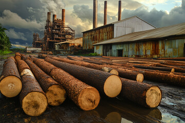 Huge logs stacked near an old industrial plant under a dramatic sky