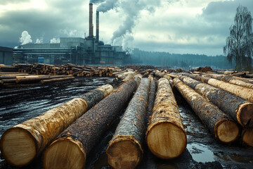 Lumber mill stacks of logs industrial pollution cloudy sky