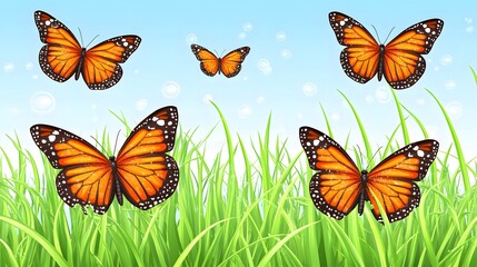 Vibrant Monarch Butterflies in Lush Green Grass