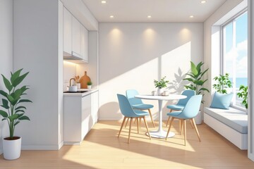 Naklejka premium Bright small apartment style kitchen with white cabinets, wooden cutting board, ocean view. Concept of bright small apartment style, interior design emphasizing minimalism and comfort.