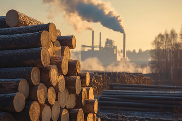 Stacked logs at sunrise with factory smoke in background