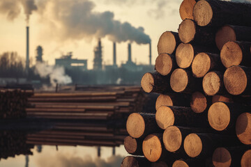 Stacked logs industrial background pollution smoke