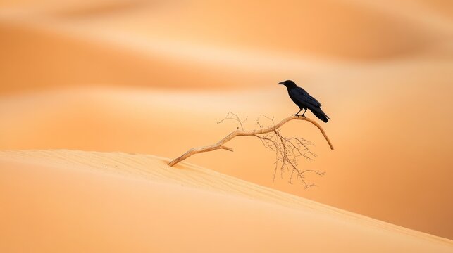 Desert Solitude: A Crow Perched on a Dead Branch in the Sahara