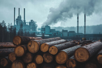 Stacked logs in front of a smoky industrial plant  a scene of environmental impact