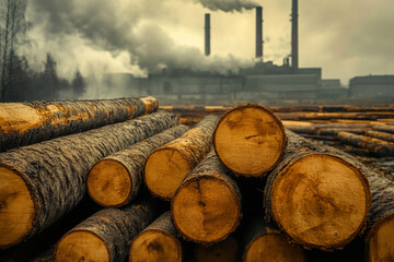 Stacked logs near a smoky industrial plant nature and industry