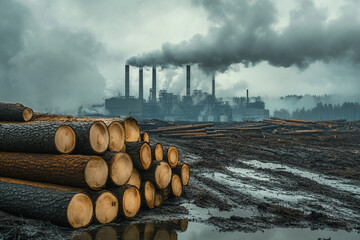 Logs stacked near a polluting factory emitting dark smoke into a cloudy sky