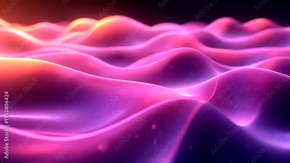Poster abstract wavy surface with pink and orange gradient lighting and particle effects