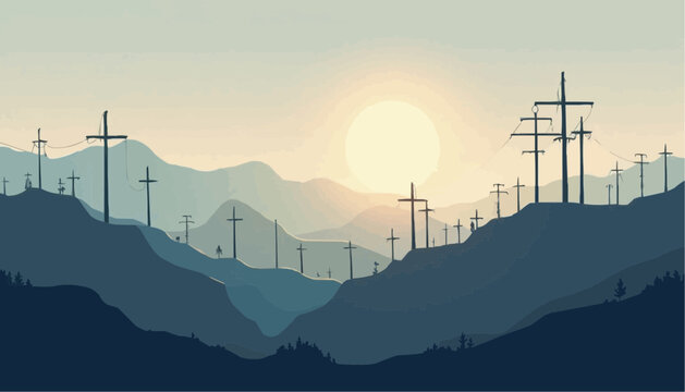 Mountain with Powerlines and Sun Illustration