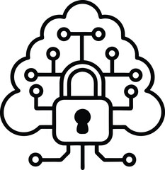 Vector Brain Locked with Data Encryption Cyber security vector Line art illustration
