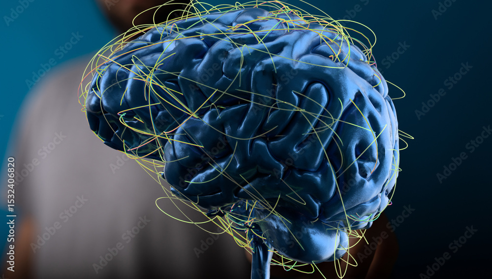 Poster 3d rendered human brain with complex neural network connections. perfect for neuroscience, ai, or te