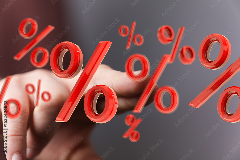Poster abstract image of a hand interacting with floating percentage symbols. ideal for finance, discounts,